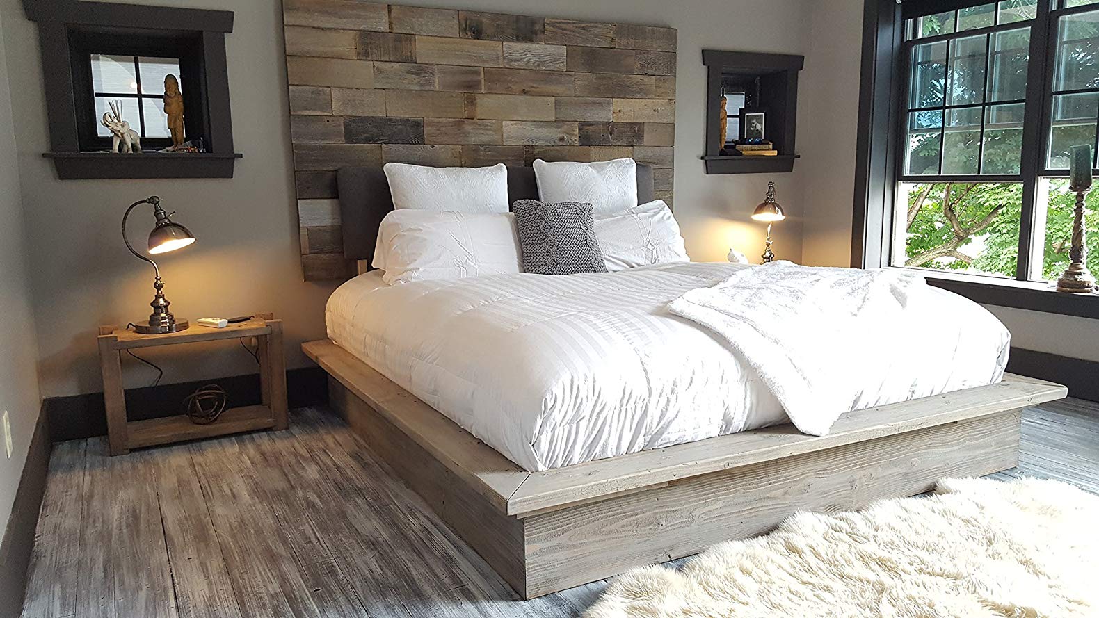 Grey weathered modern industrial reclaimed recycled wood wall mount headboard art