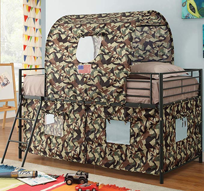 G.I. Twin Loft Bed for Boys - Durable Metal Frame in Glossy Black Finish with Guard Rails and Ladder - Army Camouflage Tent Mesh Covering with Window Flaps for Fun and Games - Extra Space Below Bed