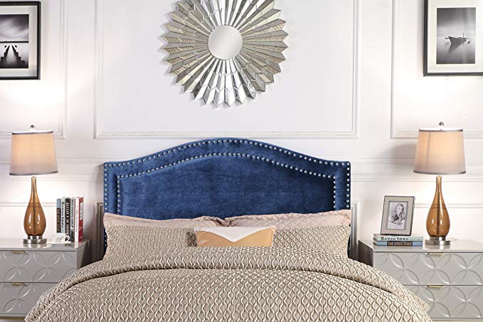 Iconic Home Minerva Headboard Velvet Upholstered Double Row Silver Nailhead Trim, Modern Transitional, Full/Queen, Navy