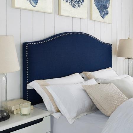 Faux Linen Antique Nailhead Headboard (Navy Blue - Full Queen)