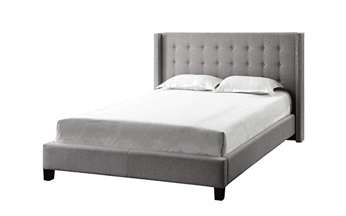 ModHaus Modern Button Tufted Wingback Gray Linen Upholstered Queen Headboard & Bed with Silver Nailhead Accents - Includes Living (TM) Pen