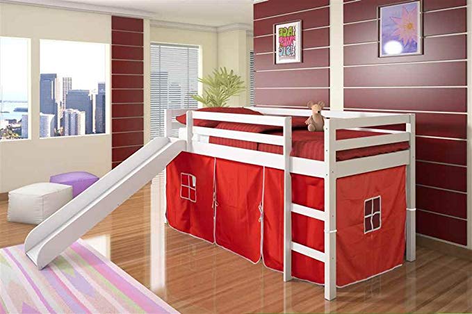 Twin Tent Loft Bed with Slide Color: Red, Finish: White