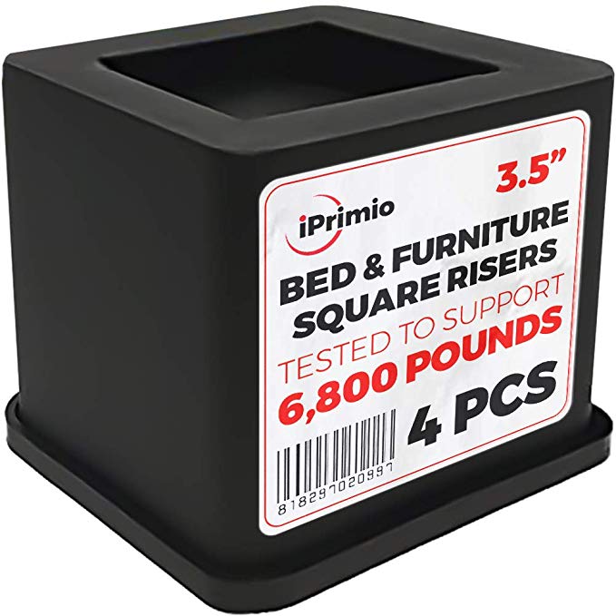 iPrimio Bed and Furniture Square Risers - 4 Pack 3.5 INCH Size - Wont Crack & Scratch Floors - Heavy Duty Rubber Bottom - Patent Pending - Great for Wood and Carpet Surface