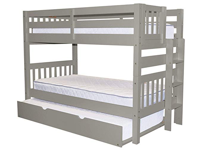 Bedz King Bunk Beds Twin Over Twin Mission Style with End Ladder and a Twin Trundle, Gray