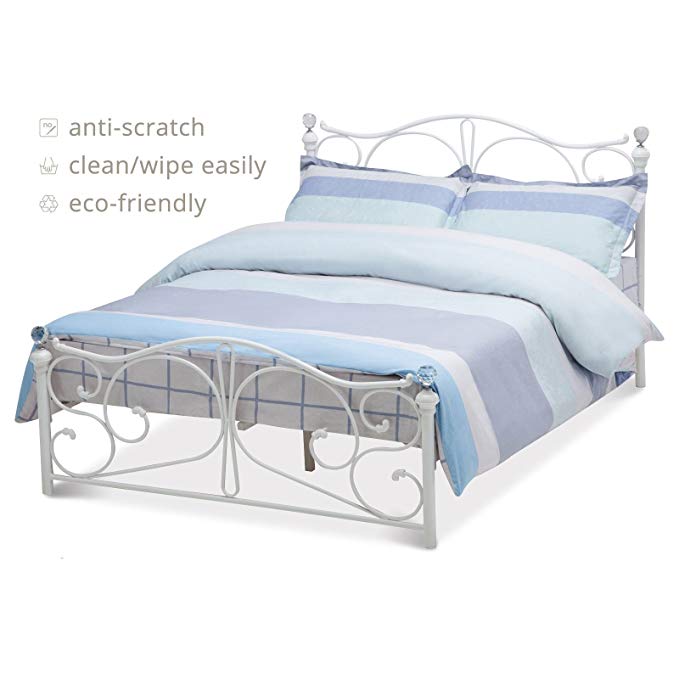 New Full Size Metal Bed Frame Cry Finial Headboard Footboard Bedroom Furniture White