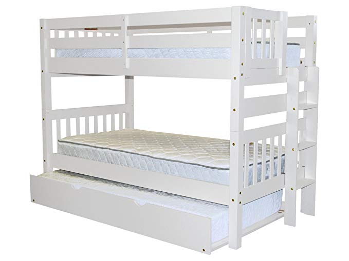 Bedz King Bunk Beds Twin Over Twin Mission Style with End Ladder and a Twin Trundle, White