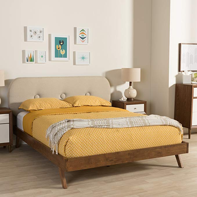 Baxton Studio Penelope Mid-Century Modern Solid Walnut Wood Light Beige Fabric Upholstered King Size Platform Bed