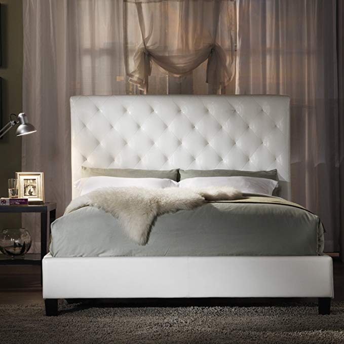 Metro Shop TRIBECCA HOME Sophie White Bonded Leather Tufted Queen-sized Upholstered Platform Bed-Sophie Queen-size Tufted White Vinyl Platform Bed