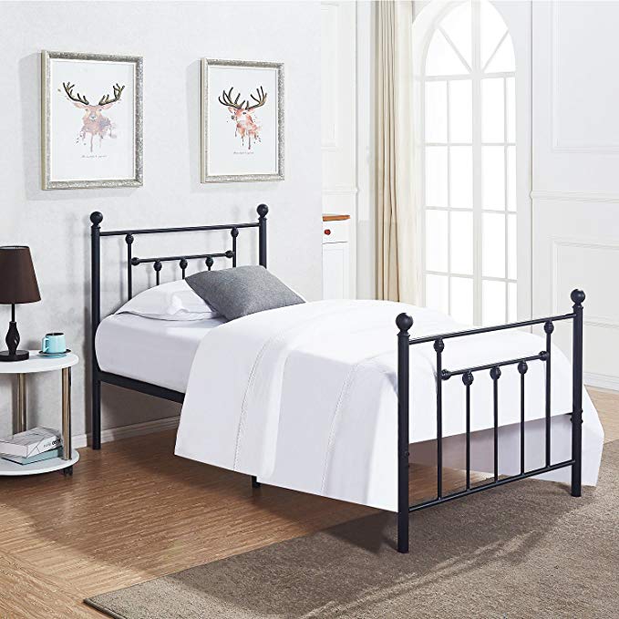 Twin Size Bed Frame, VECELO Metal Platform Mattress Foundation / Box Spring Replacement with Headboard Victorian Style