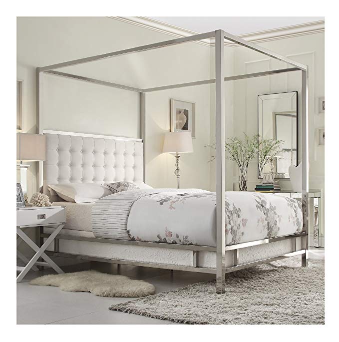 Modern Square Polished Chrome Canopy Poster Queen Bed with Off White Button Tufted Linen Upholstered Headboard Includes ModHaus Living (TM) Pen